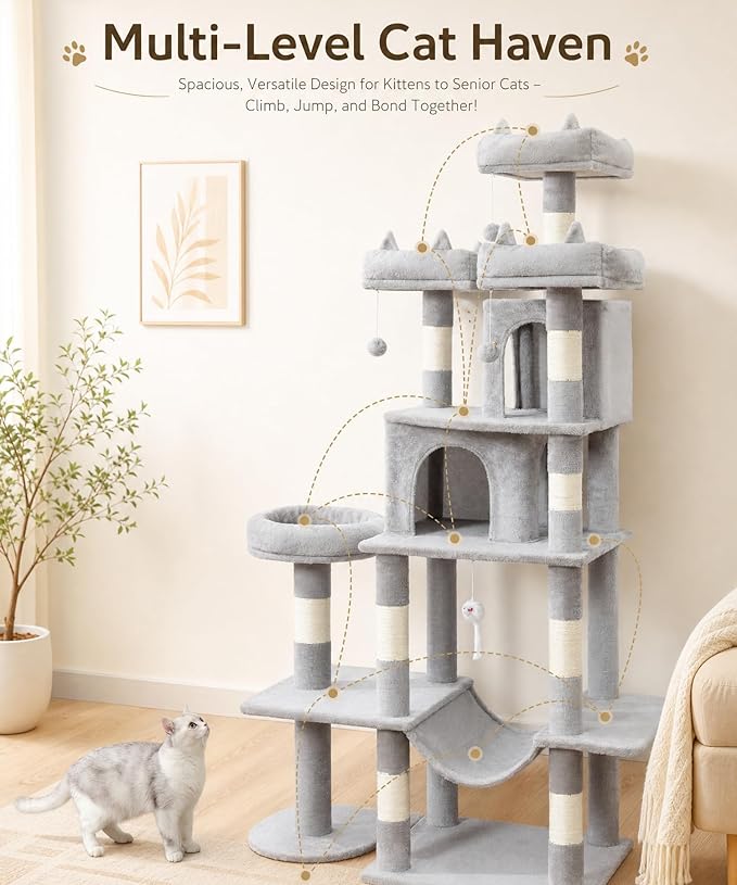 Heavy Duty Cat Tree for Indoor Cat, 71 Inch Large Cat Tower with Scratching Post and Top Perch, Hammock, Big Cat Condo for Adult Cats Kittens, PMT03GY, Grey