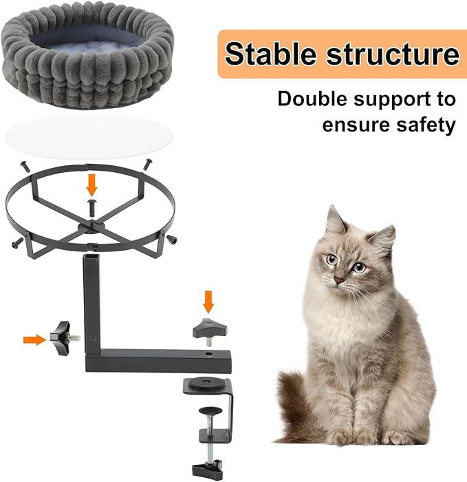Cat Desk Bed, 360° Rotating and Adjustable Pet Bed, with Soft Mat, Stylish Indoor Cat Nest for Workstations and Game Tables, Grey