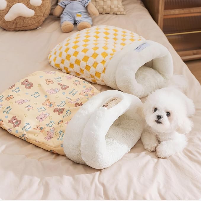 Cat Sleeping Bag for Indoor Cats, Cozy Pet Nest for Cats, Fluffy Cat Bed Cave for Small Dog Cat, Self Warming Winter Pet Sleeping Bags for All Seasons Indoors (Yellow)
