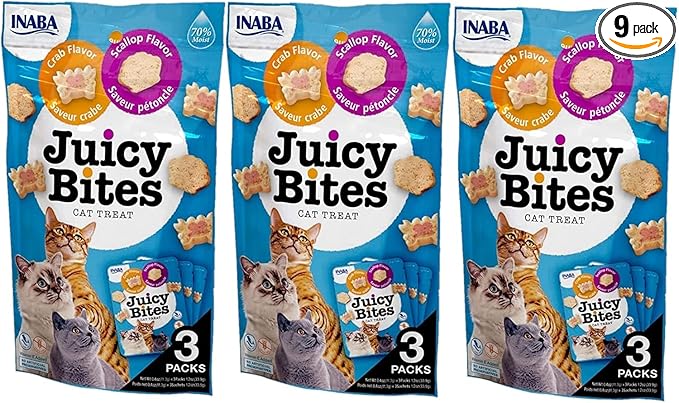INABA Juicy Bites Grain-Free, Soft, Moist, Chewy Cat Treats with Vitamin E and Green Tea Extract, 0.4 Ounces per Pouch, 9 Pouches Total (3 per Bag), Scallop and Crab Flavor