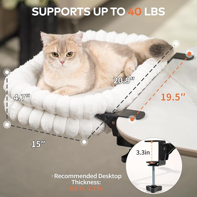 CHEERPALS Cat Desk Bed with Reversible Cushion, 90°Foldable Cat Hammock for Desk Mounted, Suitable for Medium-to-Large Cats and Puppy, Clowd Series(White, Medium)