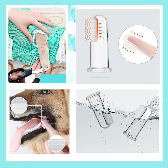 Adjustable Multifunctional Anti-Bite Shower Net, Cat Grooming Mesh Bag, Bath Brush and Pet Finger Toothbrush - B-Grey