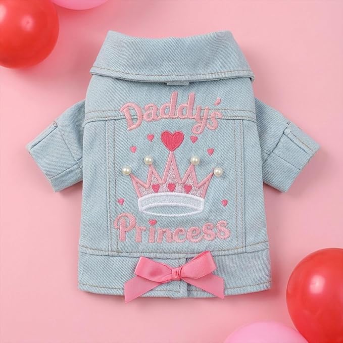 Denim Dog Jacket for Small Dogs & Cats, “Daddy’s Princess” Embroidered Pet Coat with Pearls & Bow, Light Blue Jean Outfit with D-Ring, Cute Apparel for Walks, Photos, Parties & Holidays(L)