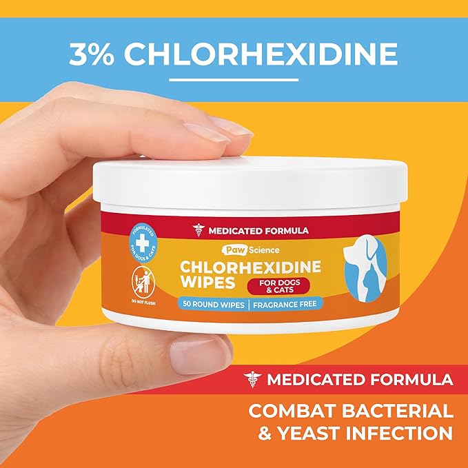 Paw Science 3% Chlorhexidine Wipes for Dogs and Cats - Cleansing Antiseptic, Antibacterial, Antifungal Wipes with Aloe for Skin Infections, Itchy Yeast Paws, Cat Acne