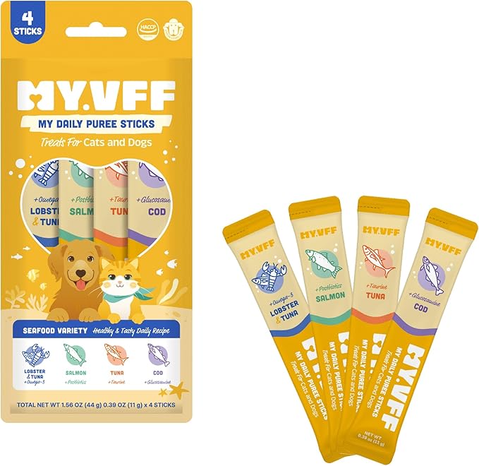My Daily Puree Sticks for Cats & Dogs, 4 Healthy Lickable Treats – Vet-Formulated Cat Tube Treats & Dog Snacks with Taurine, Glucosamine, Omega-3 & Postbiotics, Made in Korea