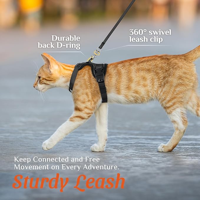 Dooradar Cat Harness and Leash Set, Escape Proof Soft with 3 Adjustable Buckles, Comfortable Vest Easy to Wear Kitten Harness with Reflective Strip, Safe for Outdoor Walking, Black, S