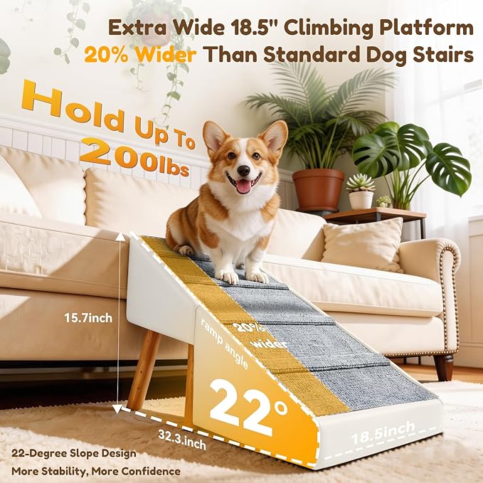 Dog Ramp for Small Dogs, 15.7" H 3-in-1 18.5" Extra Wide Foldable Ottoman & Hidden Storage Design Dog Stairs for Couch Sofa Bed, Non-Slip Pet Steps for Puppy Senior Injured Dogs (White)