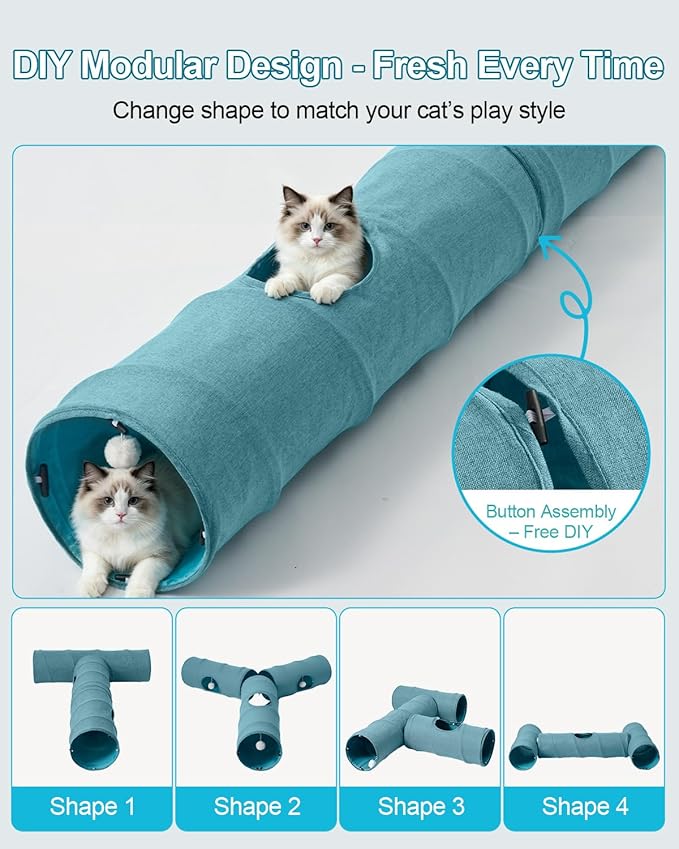 Cat Tunnel, 3 Straight Shaped Tunnels 6 DIY Shapes with Wand Toys, No Noise Scratch Resistant Cool Linen Fabric, Interactive Pet Tunnel Tube for Indoor Cats, Puppy and Rabbits