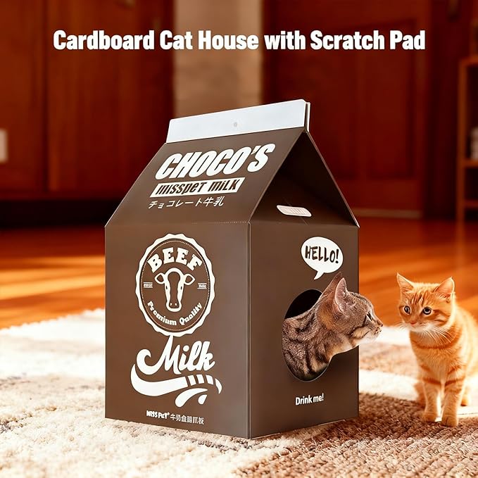 Cardboard Cat House with Scratch Pad, Corrugated Kitten Hideaway Cave, Heavy Duty Sturdy Cute Cardboard Scratcher, Easy to Assemble Gift, Black