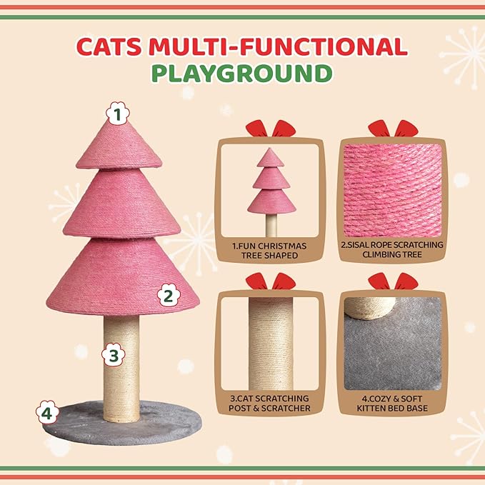 VINGLI 31.5in Christmas Tree Cat Scratcher Tower, Pink Cat Tree with Sisal Scratching Post & Soft Fleece Base, Stable Cat Scratcher for Kittens & Adult Indoor Cats