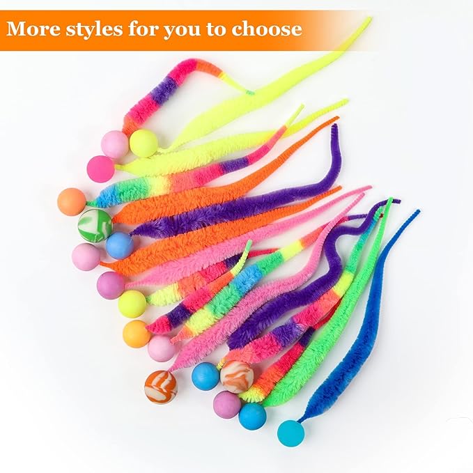 Bouncy Ball with Tail Cat Toys,5 Packs Large Magic Worm with Fluorescent Ball Toy for Cats,Colorful Fuzzy Worm Bouncy Glow Balls Cat Toy