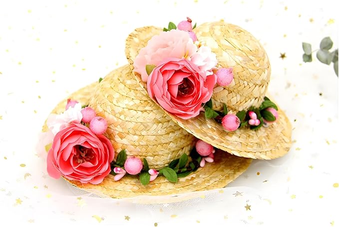 NACOCO Cat Hat Sunflower Straw Hat Handcrafted Rose Lovely Sun Cap Accessories for Small Dogs and Cats Photograph (S, Pink Rose)