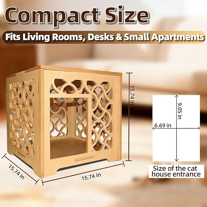 Vintage Carved Hollow Cube Cat House, Handmade Solid Wood Indoor Cat Shelter, Natural Wood Color, Easy to Assemble & Maintain, Elegant Decor for Small Cats Kittens
