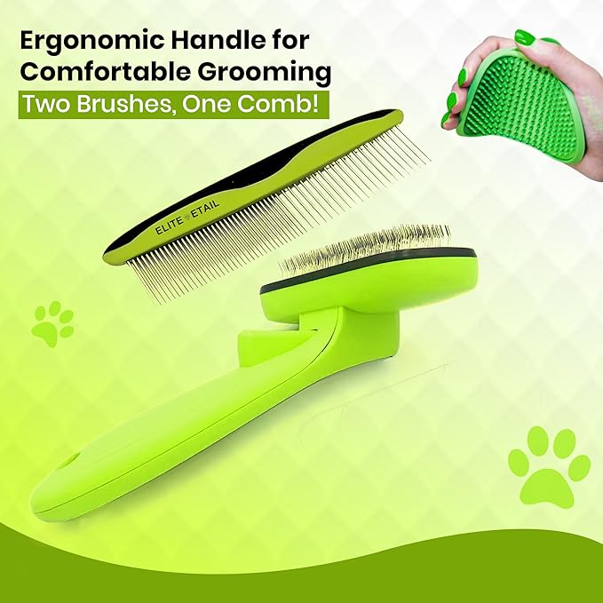 ELITE ETAIL Self Cleaning Pet Hair Brush with Additional Comb and Bath Brush - Skin Friendly Pet Grooming Kit for Dogs and Cats, Detangling, Deshedding, and Bathing Tools for All Fur Types. 7 in long