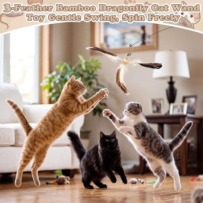 Outus 19 Pcs Cat Toys Bulk 1 Kitten Wand 18 Cat Spinning Feather Toys Refills, Cats Wand Replacement Feather for Indoor Cats