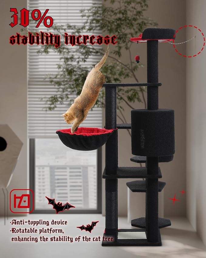 MUTTROS 59" Gothic Cat Tree with Coffin Bed-Black Cat Tower for Indoor Cats with Spacious Cat Condo & Cozy Hammock, Spider Hanging Balls, Sisal Scratching Post and 2 Spooky Perches for Halloween