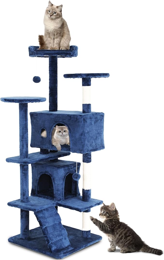 54" Cat Tree for Indoor Cats - Multi-Level Cat Tree Tower with Cat Scratching Post, Perches, Plush Toys & Cozy Hideaways - Cat Tower Makes Perfect Pet Gift - Navy Blue