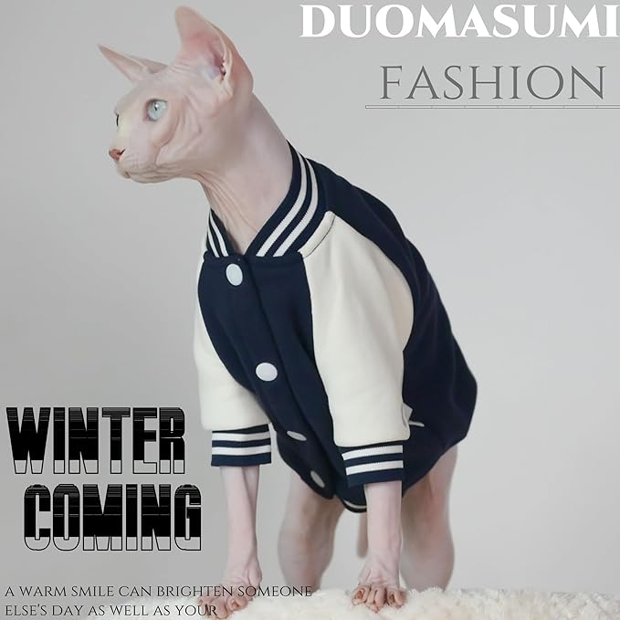 Fashion Warm Soft Thick Cat Winter Clothing, Soft Baseball Style Shirt for Sphynx, Devon, Cornish, Kitten, Hairless, Abyssinian, Small Cats (Blue, XX-Large)