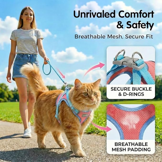Cat Harness and Leash, Escape-Proof Cat Harness Set, Adjustable Step-in Pet Harness for Walking for Small Medium Dogs/Cats (Red, M)