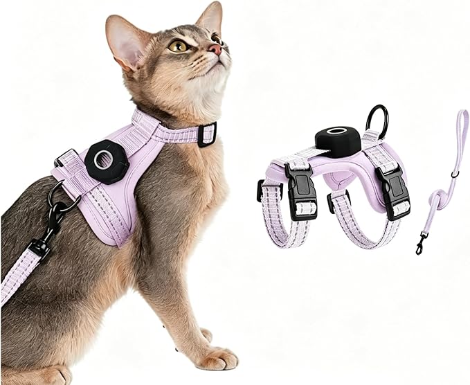Cat Harness and Leash Set with AirTag Holder, Reflective,Soft Adjustable Kitten Harnesses for Small Medium Large Cats, XS-S (Purple, S：8.8-17.6lbs)
