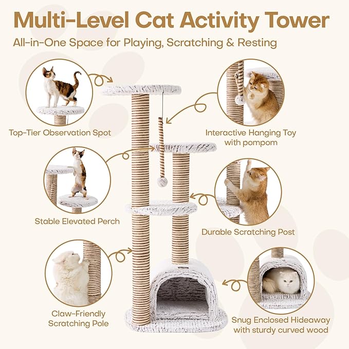 Cat Tower, Cat Tree Tower with for Indoor Cats, Condo with Spacious Elevated Perches, Scratching Posts, Cozy Cave, Dangling Toy Ball, Pet House Furniture for Indoor Kittens & Large Adult Cats.