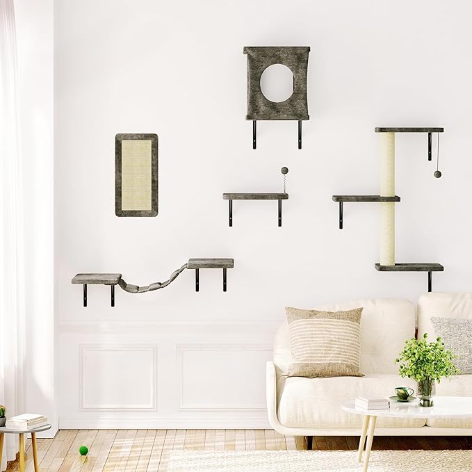 NUNU LAB Cat Wall Shelves, 10-in-1 Wall-Mounted Cat Furniture Set, Large Cat Climber Set with House, Bridge, Steps, Scratcher, DIY Playground, Shelves for Indoor Wall Furniture Set - Grey