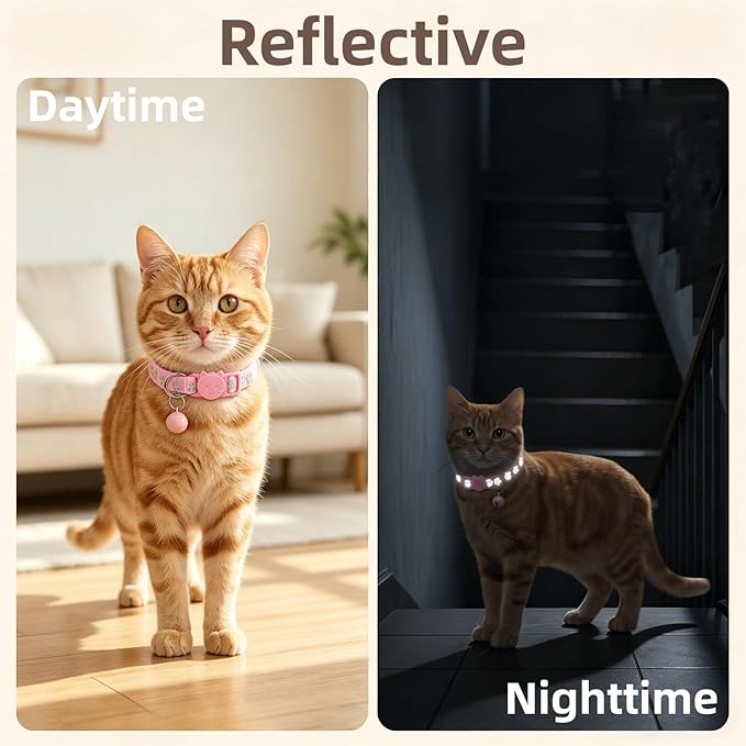 THAIN Reflective Breakaway Cat Collar with Paw Print 8 Colors Safety Release Buckle Adjustable, Lightweight, Cute Kitten Collar with Bell (Breakaway-Cat Shape)