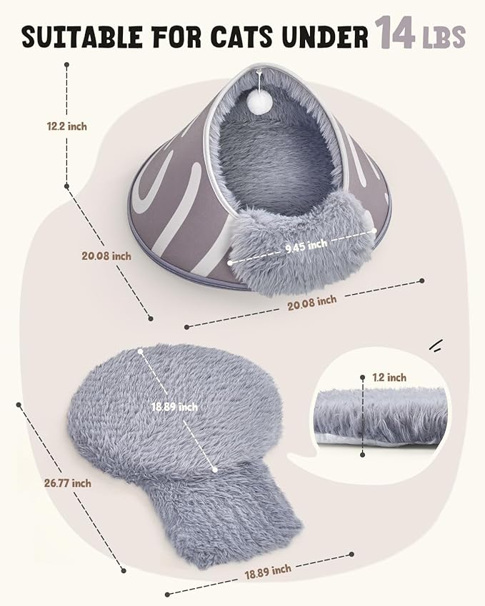 BurgeonNest 20-Inch Round Cat Bed Cave, Enclosed Hooded Pet House for Indoor Kittens, Anti-Collapse EVA Shell with Cord Access for Heating Pad, Washable Soft Plush, Grey