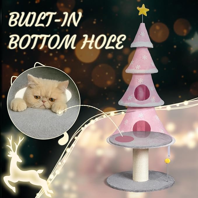 VINGLI 59in Pink Christmas Tree Cat Tower for Indoor Cats - Multi-Level Cat Tree with 2 Condos, Fleece Platforms, Sisal Scratching Post & Dangling Toy, Wide Stable Base for Adult Cats & Kittens
