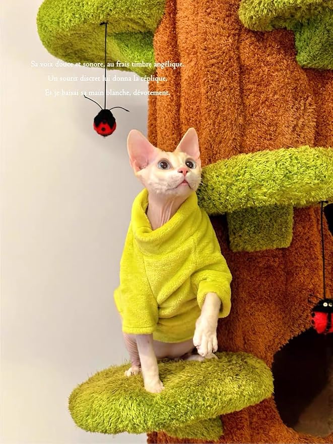 Sphynx Cat Clothes Winter Turtleneck Soft Coral Fleece Cat Clothes Thicken Warm Pajamas Coat for Hairless Cats and Small Cat Apparel with Sleeves (Avocado Green, XXL（12.7-16lbs）)