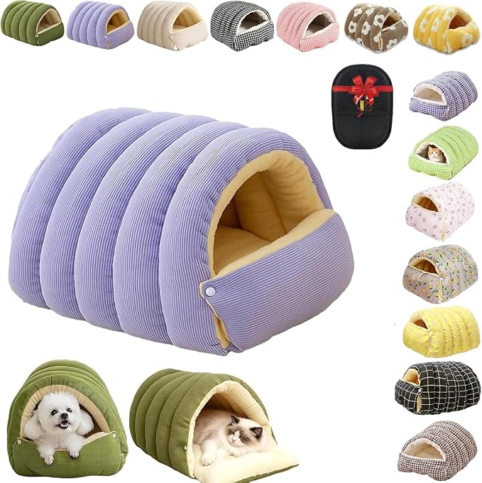 Removable and Washable Winter Closed-Off Cat Bed, Cutypet Winter Cave, Warm Foldable Secure Pet Nest for Indoor Cats & Small Dogs, Comfor Plush Snuggle Hut for Kitty, Puppy, Pets (Corduroy-Purple,M)