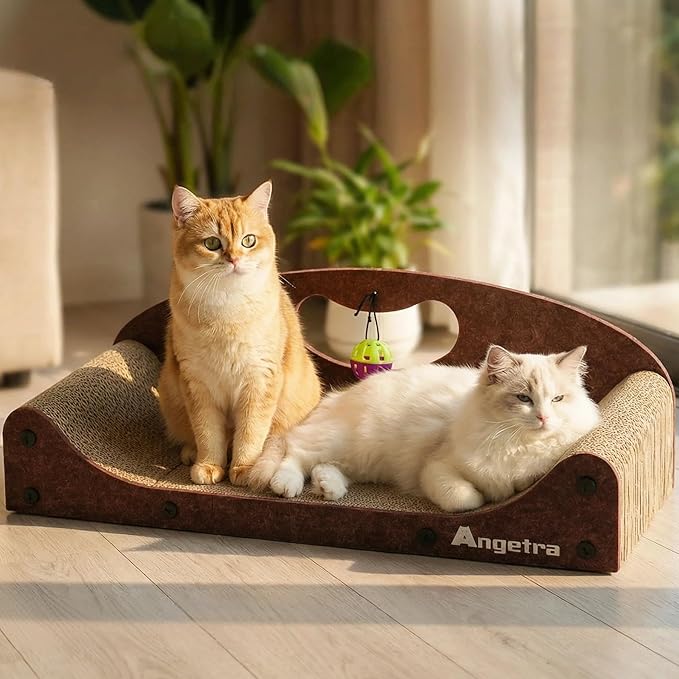 26" Cat Scratcher Bed, Large Scratcher Couch for Indoor Cats, Cardboard Scratcher Sofa, Durable Scratch Pad with Ball & Catnip, Furniture Protector (Brown, Large)