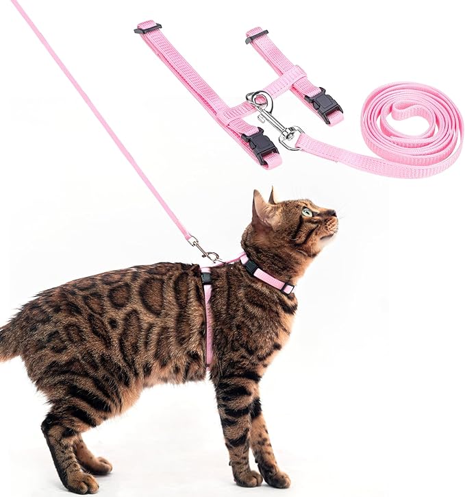 PUPTECK Adjustable Cat Harness and Leash Set Escape Proof Kitten Strap Collar for Walking Travel, Light Pink