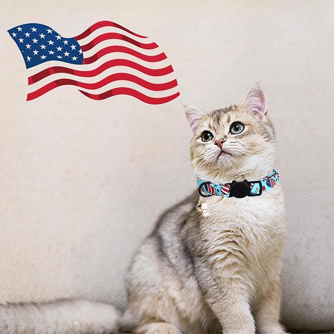 Elegant little tail Independence Cat Collar- 2 Pack Flag Print Cotton Breakaway Cat Collars with Bell Pendant Kitten Boy Girl Safety Adjustable Collar for Small Cats Puppy