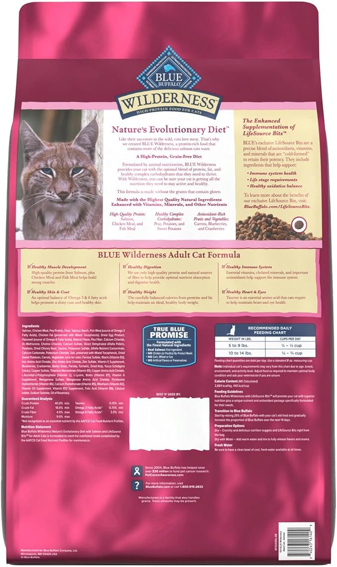 Blue Buffalo Wilderness High Protein Grain Free Dry Food for Adult Cats, 40% Protein, with Salmon, 15 lb. Bag