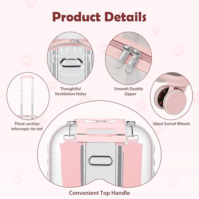 Cat Carrier Hard Shell Transparent Pet Trolley Box with Wheels, Pet Rolling Backpack with Telescopic Handle, Detachable Shoulder Strap, for Travel Outdoor Pink
