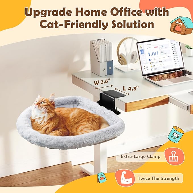 Stable Cat Desk Bed with Heavy-Duty Clamp | Sunken Hammock Design & Faux Rabbit Fur for Comfort, Removable & Washable Bed, Holds Up to 40lbs, Space Saving Cat Perch for Home Office