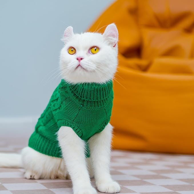 PUPTECK Winter Cat Sweater Coat - Soft Warm Cold Weather Clothes Knitwear for Kittens & Small Dogs Indoor Outdoor Wearing, Knitted Classic for Doggies Kitties Girls Boys, Green, S