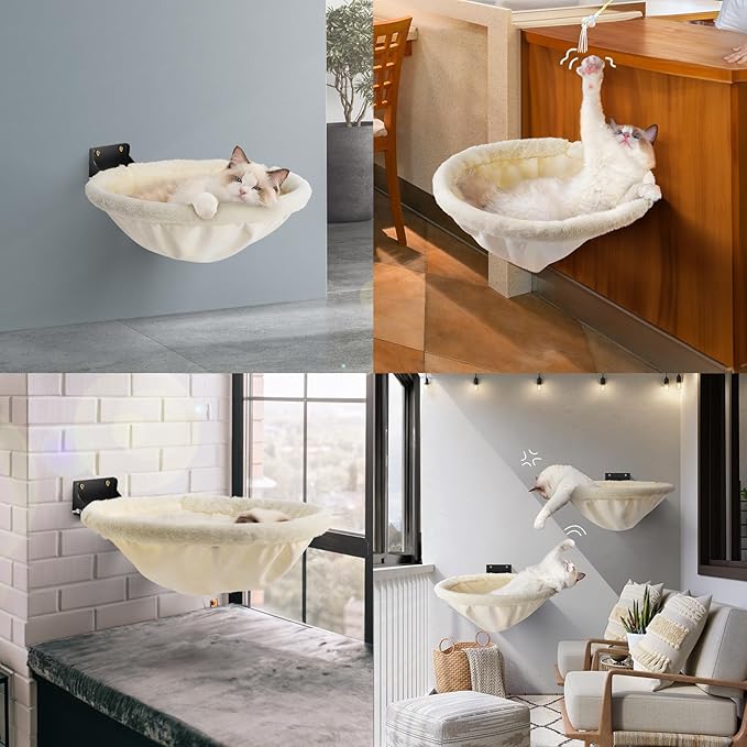 JUNSPOW Cat Hammock Wall Mounted, Foldable & Stable Cat Beds- Breathable Cats Wall Shelves for Sleeping, Playing, Climbing, and Lounging - Maximum Hold Up to 30lb（Cream,Faux Rabbit Fur）