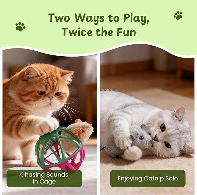 Cat Toys for Indoor Cats - Interactive Ball Cage Cat Toy with Realistic Mice Sounds & 2 Catnip Plush Toys, Motion-Activated Hunting Simulation Toy for Cats