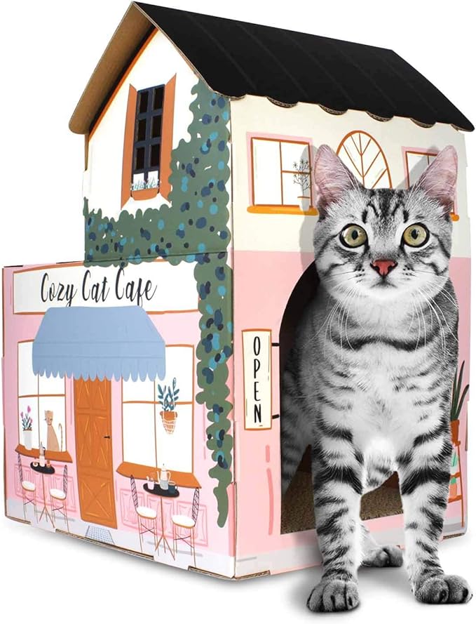 American Cat Club Cat House with Scratcher & Catnip Included - Coffee House