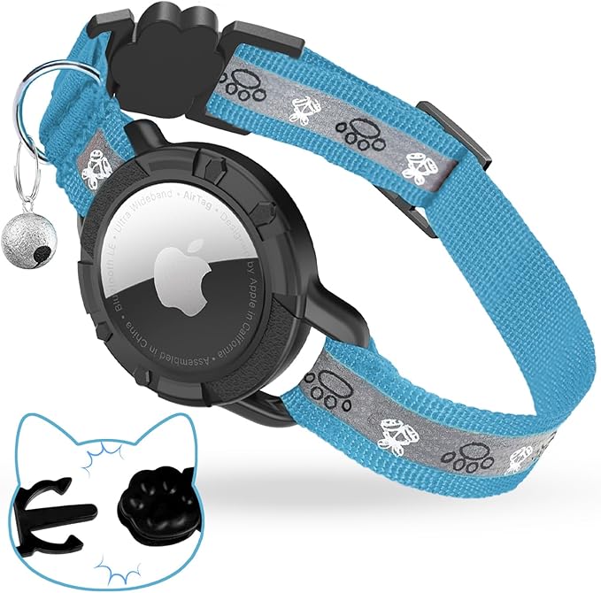 Breakaway AirTag Cat Collar, Reflective Cat Tracker Collar with Air Tag Holder and Bell, Safety Elastic Band Cat GPS Collars for Girl Boy Cats, Kittens and Puppies (Blue, 8-13'')