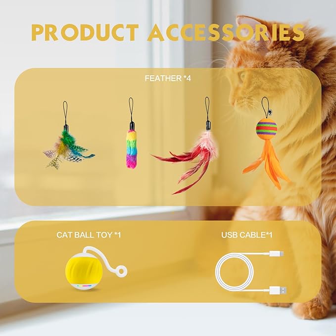 Upgraded Interactive Cat Toys Ball for Indoor Cats - Cat Ball Features Touch and Voice Activation, 2 Speed Settings (Fast and Slow), Interchangeable Tail Attachments for Bored Indoor Cats (Yellow)