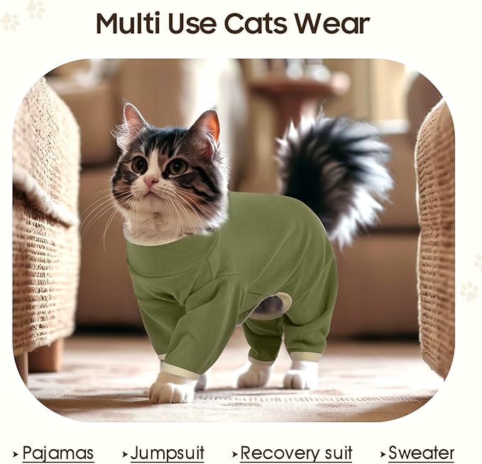 DENTRUN Cat Clothes for Hair Control with Hair Sticky Fabric - Soft Recovery Suit & Breathable Lint-Resistant Cat Sweater for Cats Only, Kitten Onesie Pajamas, XL, Army Green