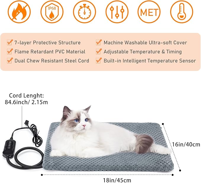 INVENHO Heated Cat Bed, Waterproof Adjustable Temperature Dog Cat Heating Pad with Timer, Indoor Pet Heating Pad for Cats Dogs Electric Pads for Dogs Cats, Pet Heated Pad (S: 18" x 16") (Pack of 2)