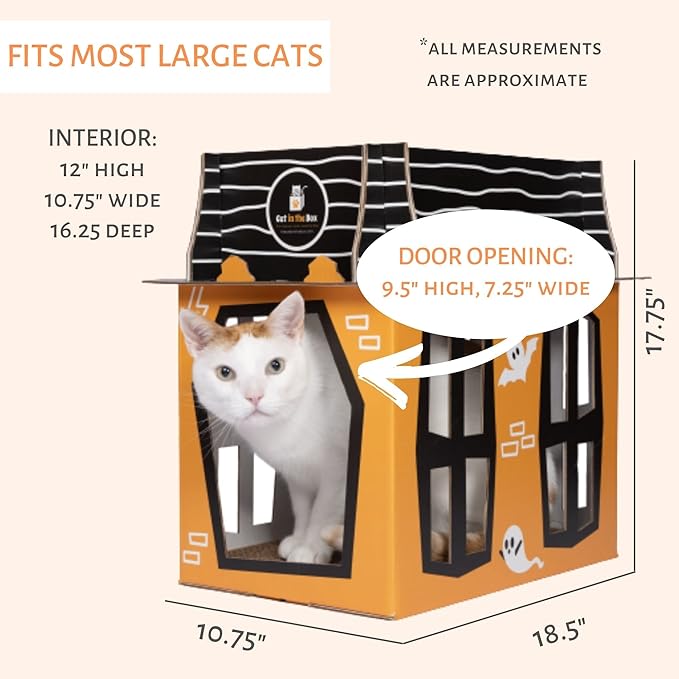 Spooky Cat Haunted House – Halloween Mansion Playhouse for Cats, Kittens, Rabbits & Bunny. Cardboard Box House Condo Cave Furniture Bed Includes Cat Scratcher