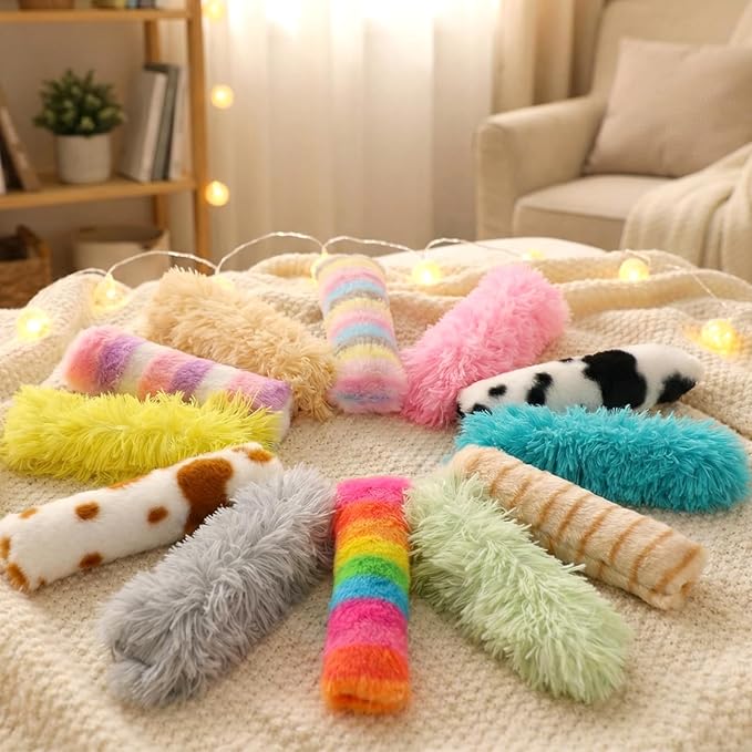 Leitee 12 Pcs Cat Toys Pillows Bulk with 1 Cat Paw Gift Storage Bags Set Interactive Kitty Toys Variety Furry Color Soft and Durable for Kitty Exercise Valentine's Day Plush Gifts