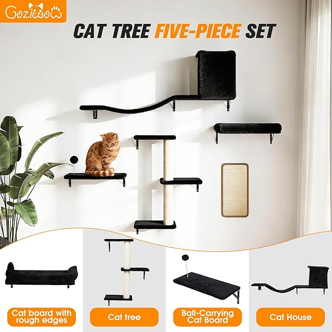 COZIWOW Cat Wall Shelves Set, 5-Piece Wall Mounted Cat Furniture with Cat Tree & Scratching Post, Floating Cat Perches for Indoor Cats（Black）