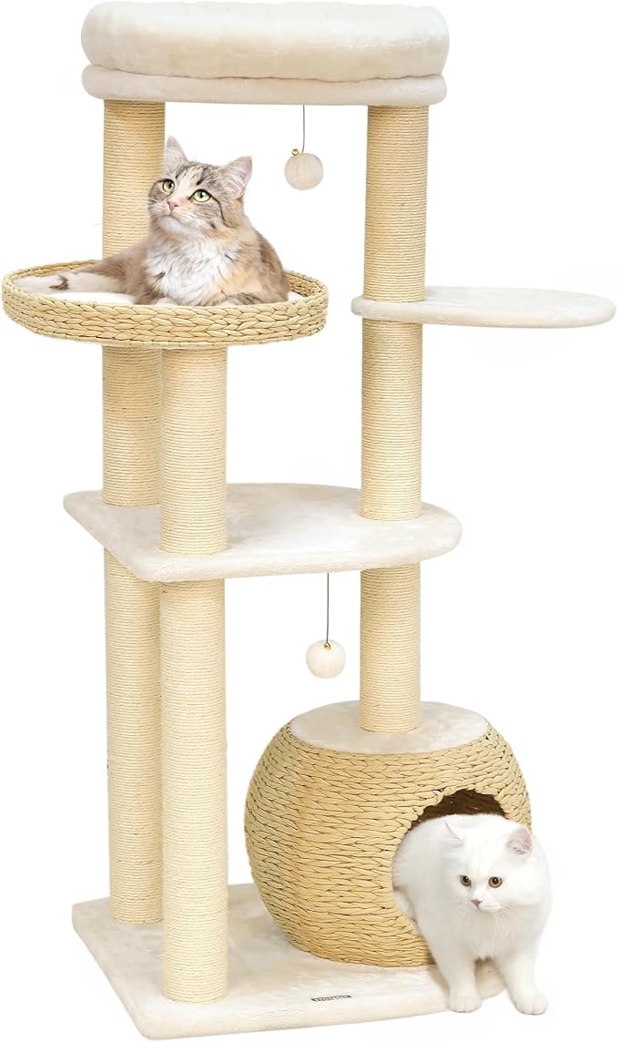 KAMABOKO Modern Solid Wood Cat Tree 53 Inch, Natural Sisal Scratching Posts Cat Tower for Indoor Cats, Cat Condo with Top Perch, Stable Wooden Cat Tree for Large Cats