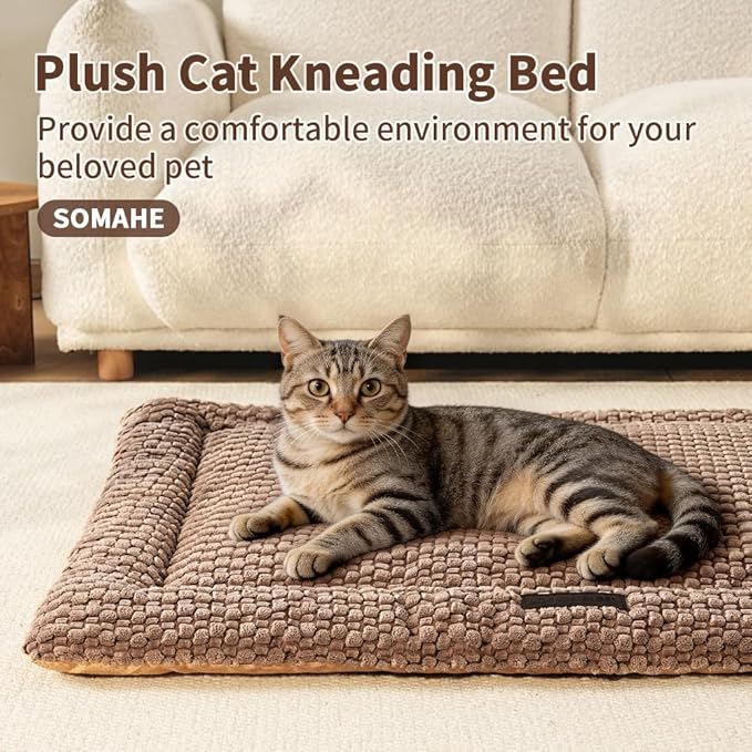 SOMAHE Cat & Dog Bed Mat, Soft Plush Flat Cat Bed with Non-Slip Bottom, 1.2" Thick All-Season Kneading Cushion, Machine Washable Pet Bed for Cats & Small Dogs 20×27Inch, Coffee